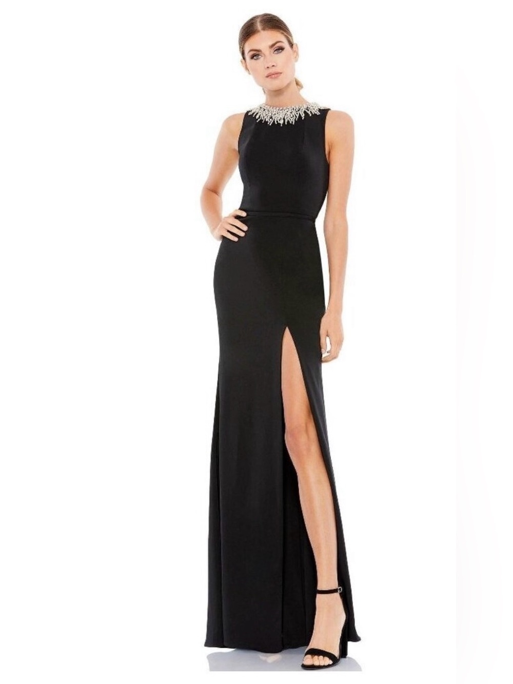 FLAW - NWT Mac Duggal Sleeveless Rhinestone Collar Column Gown 4 Black